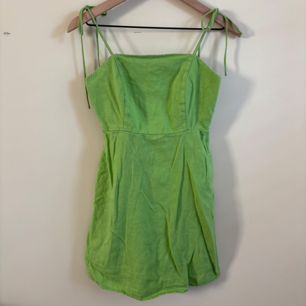 Old Navy Lime Green Linen Blend Tie Strap Smocked Mini Dress Pockets Womens S